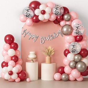 party propz pink and silver happy birthday decoration kit  58 pcs with pink silver white burgundy confetti bithday balloons banner glue dots ribbons cardstock latex