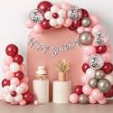 Party Propz Pink and Silver Happy Birthday Decoration Kit – 58 Pcs with Pink, Silver, White, Burgundy, Confetti Bithday Balloons, Banner, Glue Dots, Ribbons (Cardstock, Latex)