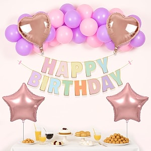 party propz rose gold birthday decoration kit for girls - 26 pcs multicolor happy birthday banner with pastel balloons for decoration rose gold balloons for decoration latex cardstock foil