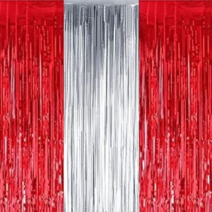 party town metallic foil fringe curtains 3ft  6ft for birthday wedding  engagement  bridal shower  baby shower  bachelorette celebration party decorations pack of 3 red silver red