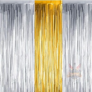party town metallic foil fringe curtains 3ft  6ft for birthday wedding  engagement  bridal shower  baby shower  bachelorette celebration party decorations pack of 3 silver golden silver