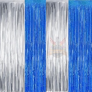 party town metallic foil fringe curtains 3ft  6ft for birthday wedding  engagement  bridal shower  baby shower  bachelorette celebration party decorations pack of 4 blue silver