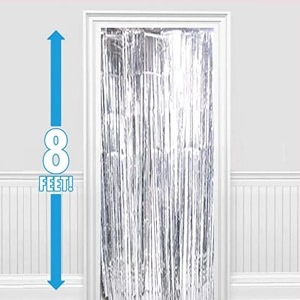party town metallic foil fringe curtains 3ft  6ft for birthday wedding  engagement  bridal shower  baby shower  bachelorette celebration party decorations pack of 2 silver