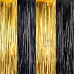 party town metallic foil fringe curtains 3ft  6ft for birthday wedding  engagement  bridal shower  baby shower  bachelorette celebration party decorations pack of 4 black golden