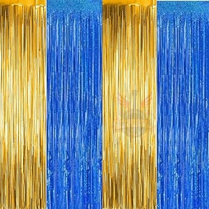 party town metallic foil fringe curtains 3ft  6ft for birthday wedding  engagement  bridal shower  baby shower  bachelorette celebration party decorations pack of 4 blue golden
