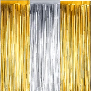 party town metallic foil fringe curtains 3ft  6ft for birthday wedding  engagement  bridal shower  baby shower  bachelorette celebration party decorations pack of 3 golden silver golden