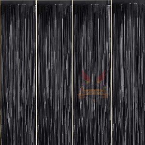 party town metallic foil fringe curtains 3ft  6ft for birthday wedding  engagement  bridal shower  baby shower  bachelorette celebration party decorations pack of 4 black