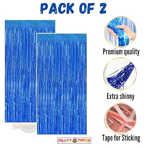 party town metallic foil fringe curtains 3ft  6ft for birthday wedding  engagement  bridal shower  baby shower  bachelorette celebration party decorations pack of 2 blue