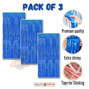 party town metallic foil fringe curtains 3ft  6ft for birthday wedding  engagement  bridal shower  baby shower  bachelorette celebration party decorations pack of 3 blue