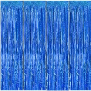 party town metallic foil fringe curtains 3ft  6ft for birthday wedding  engagement  bridal shower  baby shower  bachelorette celebration party decorations pack of 4 blue