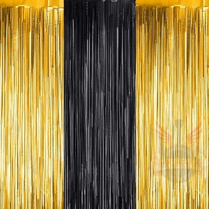 party town metallic foil fringe curtains 3ft  6ft for birthday wedding  engagement  bridal shower  baby shower  bachelorette celebration party decorations pack of 3 golden black golden