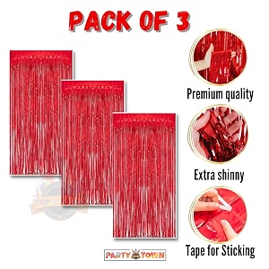 party town metallic foil fringe curtains 3ft  6ft for birthday wedding  engagement  bridal shower  baby shower  bachelorette celebration party decorations pack of 3 red