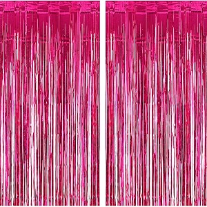 party town metallic foil fringe curtains 3ft  6ft for birthday wedding  engagement  bridal shower  baby shower  bachelorette celebration party decorations pack of 2 pink