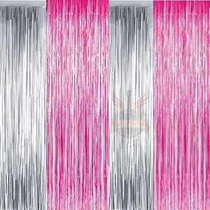 party town metallic foil fringe curtains 3ft  6ft for birthday wedding  engagement  bridal shower  baby shower  bachelorette celebration party decorations pack of 4 pink silver
