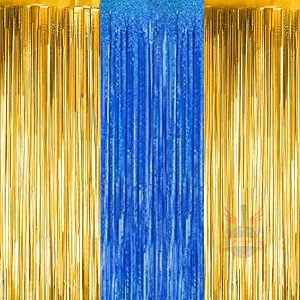 party town metallic foil fringe curtains 3ft  6ft for birthday wedding  engagement  bridal shower  baby shower  bachelorette celebration party decorations pack of 3 golden blue golden