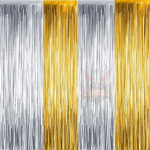 party town metallic foil fringe curtains 3ft  6ft for birthday wedding  engagement  bridal shower  baby shower  bachelorette celebration party decorations pack of 4 golden silver