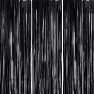 party town metallic foil fringe curtains 3ft  6ft for birthday wedding  engagement  bridal shower  baby shower  bachelorette celebration party decorations pack of 3 black