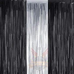 party town metallic foil fringe curtains 3ft  6ft for birthday wedding  engagement  bridal shower  baby shower  bachelorette celebration party decorations pack of 3 black silver black