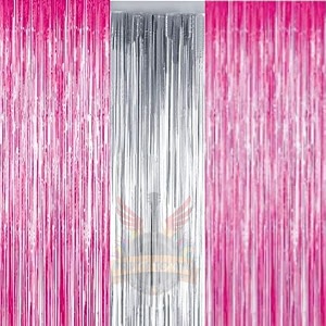 party town metallic foil fringe curtains 3ft  6ft for birthday wedding  engagement  bridal shower  baby shower  bachelorette celebration party decorations pack of 3 pink silver pink
