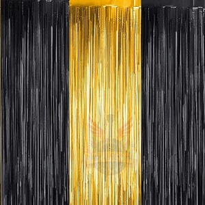 party town metallic foil fringe curtains 3ft  6ft for birthday wedding  engagement  bridal shower  baby shower  bachelorette celebration party decorations pack of 3 black golden black