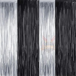 party town metallic foil fringe curtains 3ft  6ft for birthday wedding  engagement  bridal shower  baby shower  bachelorette celebration party decorations pack of 4 black silver