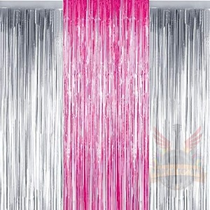 party town metallic foil fringe curtains 3ft  6ft for birthday wedding  engagement  bridal shower  baby shower  bachelorette celebration party decorations pack of 3 silver pink silver
