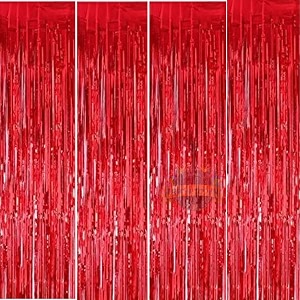party town metallic foil fringe curtains 3ft  6ft for birthday wedding  engagement  bridal shower  baby shower  bachelorette celebration party decorations pack of 4 red