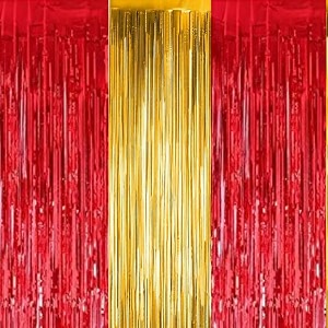 party town metallic foil fringe curtains 3ft  6ft for birthday wedding  engagement  bridal shower  baby shower  bachelorette celebration party decorations pack of 3 red golden red