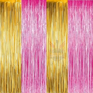 party town metallic foil fringe curtains 3ft  6ft for birthday wedding  engagement  bridal shower  baby shower  bachelorette celebration party decorations pack of 4 pink golden