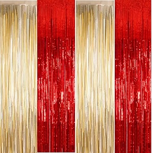 party town metallic foil fringe curtains 3ft  6ft for birthday wedding  engagement  bridal shower  baby shower  bachelorette celebration party decorations pack of 4 red golden