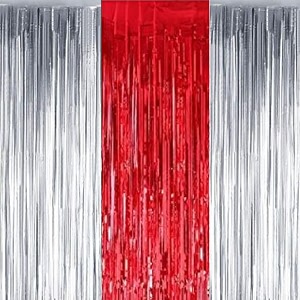 party town metallic foil fringe curtains 3ft  6ft for birthday wedding  engagement  bridal shower  baby shower  bachelorette celebration party decorations pack of 3 silver red silver