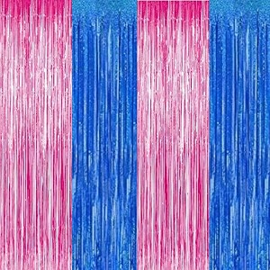 party town metallic foil fringe curtains 3ft  6ft for birthday wedding  engagement  bridal shower  baby shower  bachelorette celebration party decorations pack of 4 blue pink