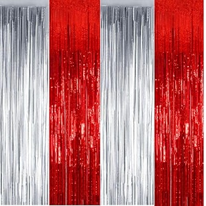 party town metallic foil fringe curtains 3ft  6ft for birthday wedding  engagement  bridal shower  baby shower  bachelorette celebration party decorations pack of 4 red silver