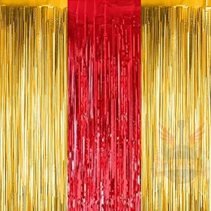 party town metallic foil fringe curtains 3ft  6ft for birthday wedding  engagement  bridal shower  baby shower  bachelorette celebration party decorations pack of 3 golden red golden