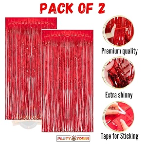 party town metallic foil fringe curtains 3ft  6ft for birthday wedding  engagement  bridal shower  baby shower  bachelorette celebration party decorations pack of 2 red