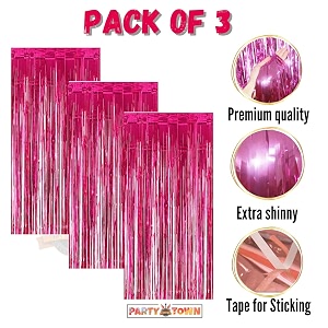 party town metallic foil fringe curtains 3ft  6ft for birthday wedding  engagement  bridal shower  baby shower  bachelorette celebration party decorations pack of 3 pink