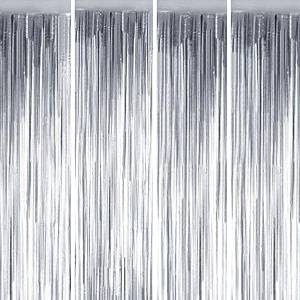 party town metallic foil fringe curtains 3ft  6ft for birthday wedding  engagement  bridal shower  baby shower  bachelorette celebration party decorations pack of 4 silver