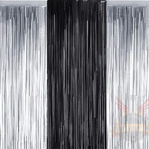 party town metallic foil fringe curtains 3ft  6ft for birthday wedding  engagement  bridal shower  baby shower  bachelorette celebration party decorations pack of 3 silver black silver