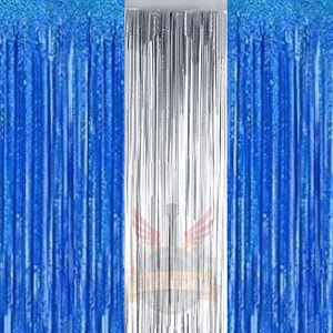 party town metallic foil fringe curtains 3ft  6ft for birthday wedding  engagement  bridal shower  baby shower  bachelorette celebration party decorations pack of 3 blue silver blue