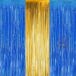 party town metallic foil fringe curtains 3ft  6ft for birthday wedding  engagement  bridal shower  baby shower  bachelorette celebration party decorations pack of 3 blue golden blue