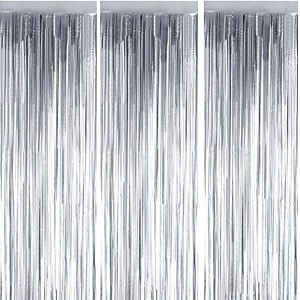 party town metallic foil fringe curtains 3ft  6ft for birthday wedding  engagement  bridal shower  baby shower  bachelorette celebration party decorations pack of 3 silver