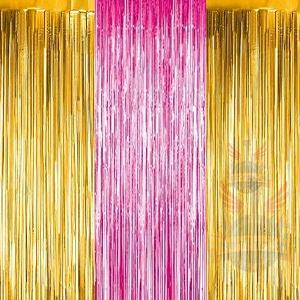 party town metallic foil fringe curtains 3ft  6ft for birthday wedding  engagement  bridal shower  baby shower  bachelorette celebration party decorations pack of 3 golden pink golden