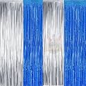 Party town Metallic Foil Fringe Curtains (3ft * 6ft) for Birthday| Wedding | Engagement | Bridal Shower | Baby Shower | Bachelorette Celebration, Party Decorations (Pack of 4, Blue Silver)