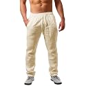 PASLTER Mens Cotton Linen Pants Casual Summer Beach Pants Dress Trousers
