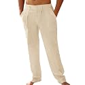 PASLTER Mens Cotton Linen Pants Casual Summer Beach Pants Dress Trousers