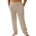 PASLTER Mens Cotton Linen Pants Casual Summer Beach Pants Dress Trousers