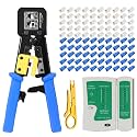 Pass Through RJ45 Crimp Tool Kit Cat 6 Cat 5E Cat 5 Ethernet Crimper Kit RJ45 Crimping Tool with Network Cable Tester, Mini Cable Stripper, 50 Pcs Cat6 Connectors and Strain Relief Boots