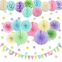 24Pcs Birthday Pastel Party Decorations for Girl with Paper Fans Pom Poms