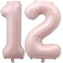 Pastel Pink 12 Balloons Number for Girls, 40'' Self Inflating Number 12 Balloon, Big Light Blush Pink Foil 1 &amp; 2 Helium Balloon for Women Boho Coquette 21st 12th Birthday Party Anniversary Decorations