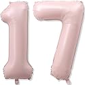 Pastel Pink 17 Balloon Number for Girls, 40'' Self Inflating Number 17 Balloons, Big Light Blush Pink Foil 1 &amp; 7 Helium Balloon 17 for Women Boho Coquette 17th Birthday Party Anniversary Decorations